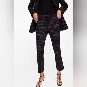 NWOT Zara Black Plaid  Cropped Dress Pants With Zip Up Ankles&Pockets Size 36X28